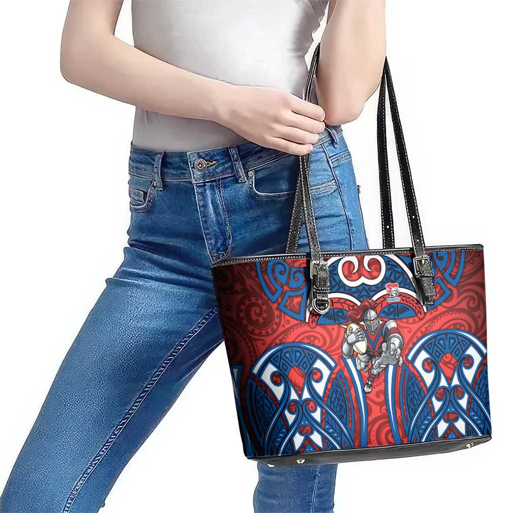Newcastle Knights Rugby Leather Tote Bag Polynesian Tribal Knight Warrior Red Blue Pattern