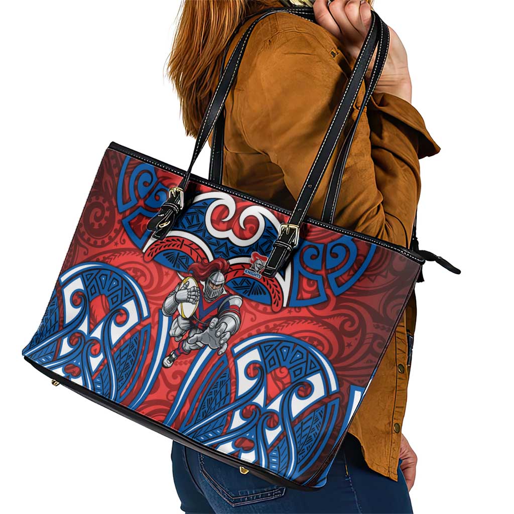 Newcastle Knights Rugby Leather Tote Bag Polynesian Tribal Knight Warrior Red Blue Pattern