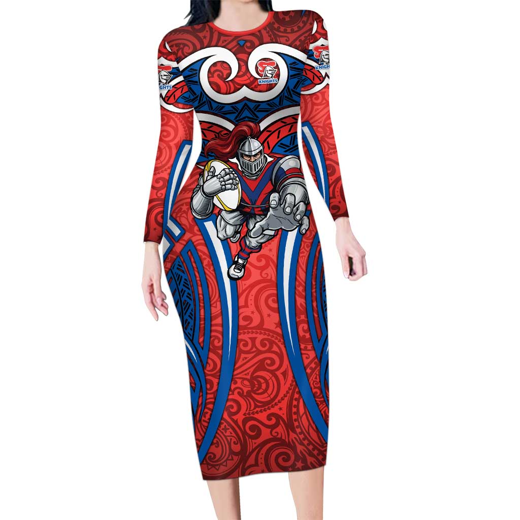 Newcastle Knights Rugby Long Sleeve Bodycon Dress Polynesian Tribal Knight Warrior Red Blue Pattern