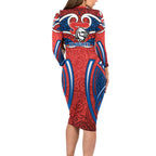 Newcastle Knights Rugby Long Sleeve Bodycon Dress Polynesian Tribal Knight Warrior Red Blue Pattern