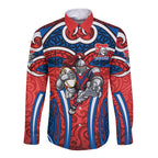 Newcastle Knights Rugby Long Sleeve Button Shirt Polynesian Tribal Knight Warrior Red Blue Pattern