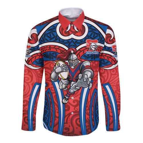 Newcastle Knights Rugby Long Sleeve Button Shirt Polynesian Tribal Knight Warrior Red Blue Pattern
