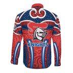 Newcastle Knights Rugby Long Sleeve Button Shirt Polynesian Tribal Knight Warrior Red Blue Pattern