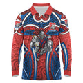 Newcastle Knights Rugby Long Sleeve Polo Shirt Polynesian Tribal Knight Warrior Red Blue Pattern