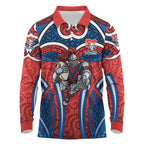Newcastle Knights Rugby Long Sleeve Polo Shirt Polynesian Tribal Knight Warrior Red Blue Pattern