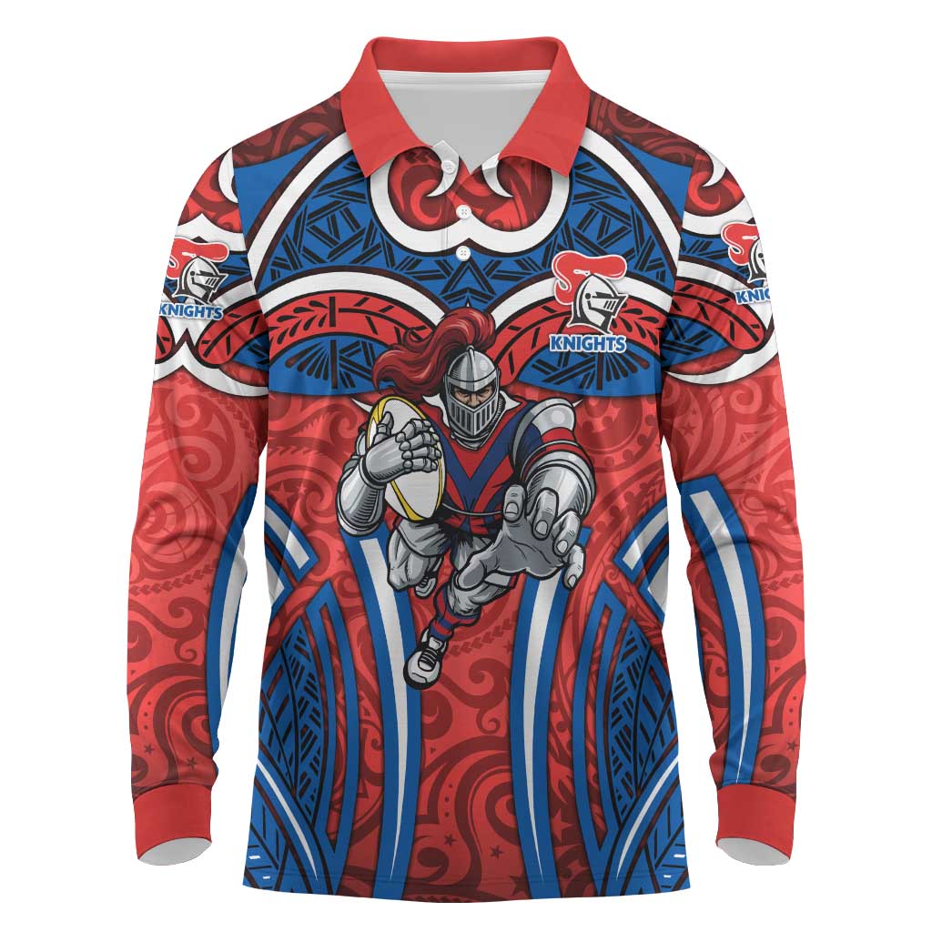 Newcastle Knights Rugby Long Sleeve Polo Shirt Polynesian Tribal Knight Warrior Red Blue Pattern