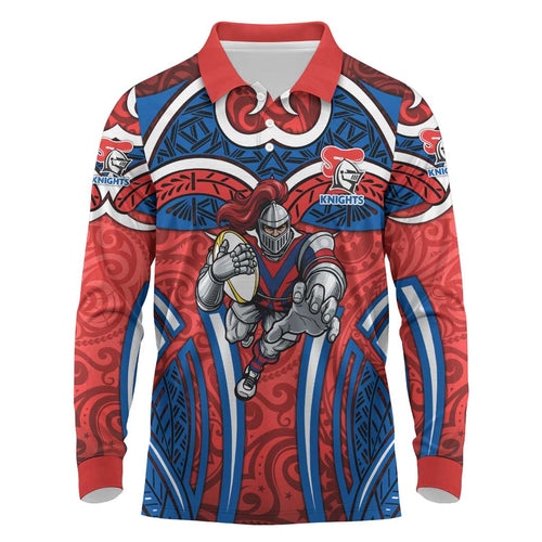 Newcastle Knights Rugby Long Sleeve Polo Shirt Polynesian Tribal Knight Warrior Red Blue Pattern
