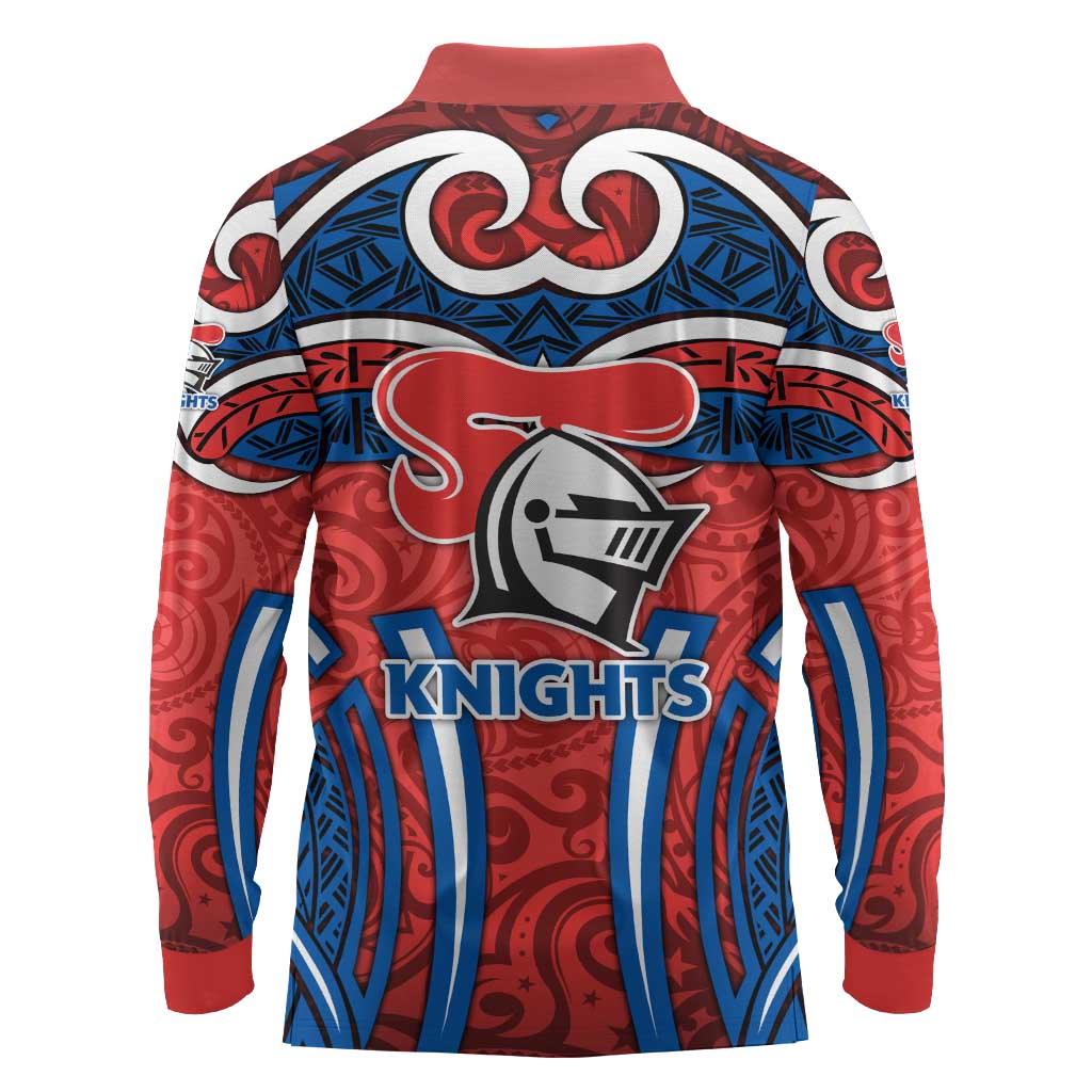 Newcastle Knights Rugby Long Sleeve Polo Shirt Polynesian Tribal Knight Warrior Red Blue Pattern
