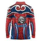 Newcastle Knights Rugby Long Sleeve Polo Shirt Polynesian Tribal Knight Warrior Red Blue Pattern
