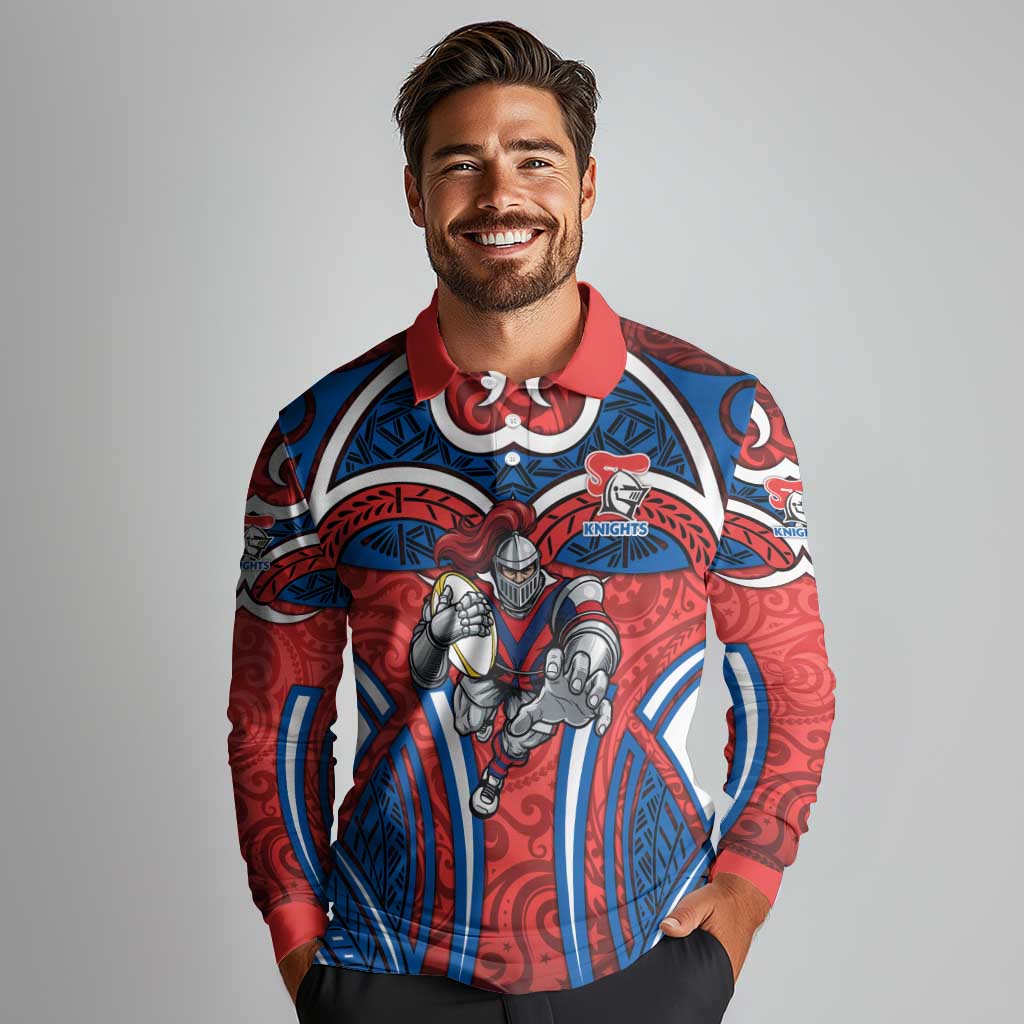 Newcastle Knights Rugby Long Sleeve Polo Shirt Polynesian Tribal Knight Warrior Red Blue Pattern