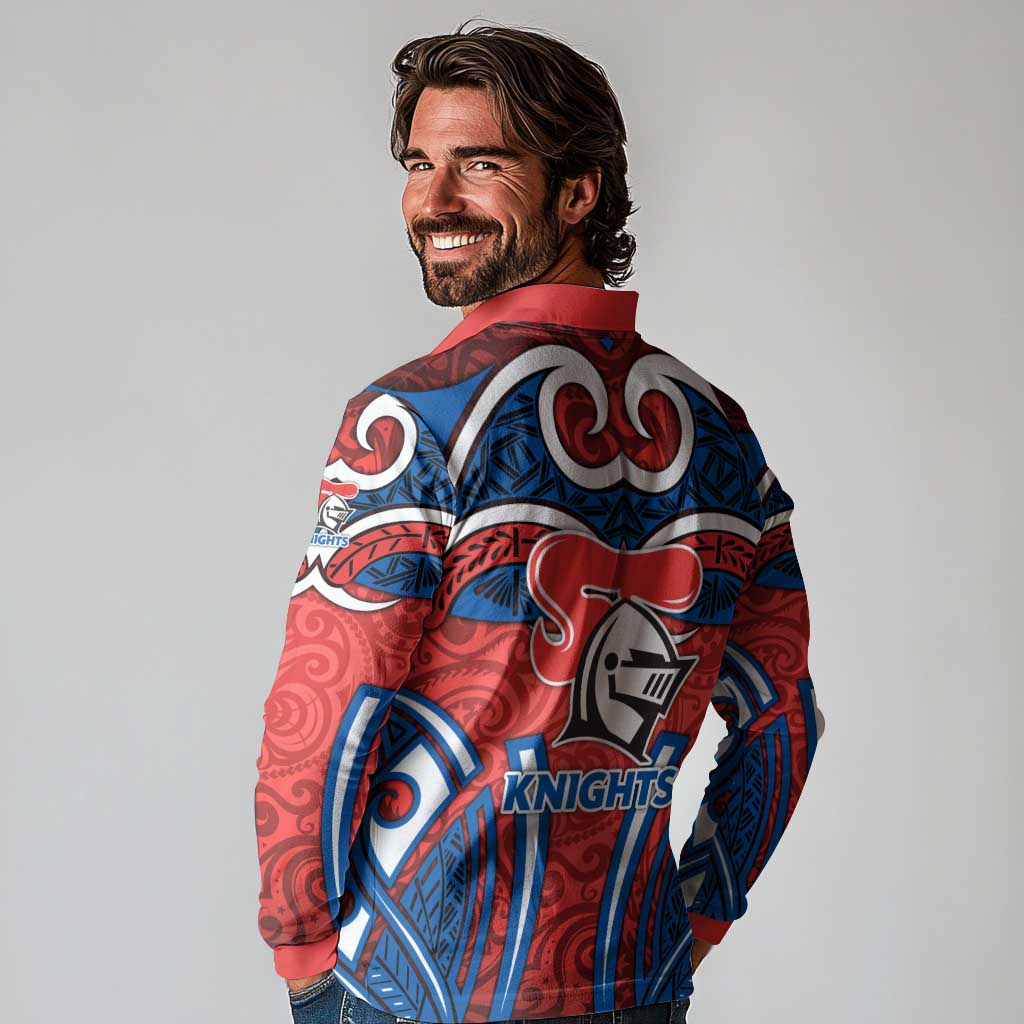 Newcastle Knights Rugby Long Sleeve Polo Shirt Polynesian Tribal Knight Warrior Red Blue Pattern