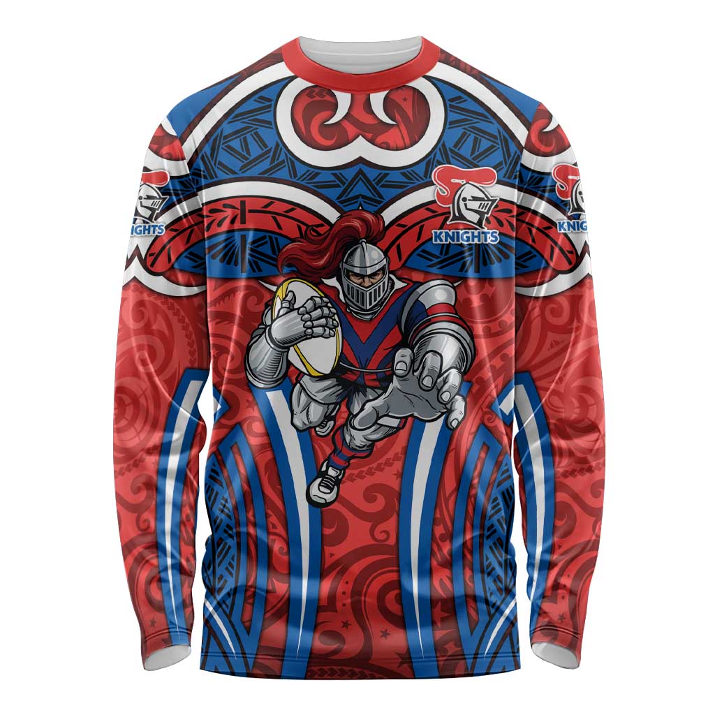 Newcastle Knights Rugby Long Sleeve Shirt Polynesian Tribal Knight Warrior Red Blue Pattern