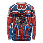 Newcastle Knights Rugby Long Sleeve Shirt Polynesian Tribal Knight Warrior Red Blue Pattern