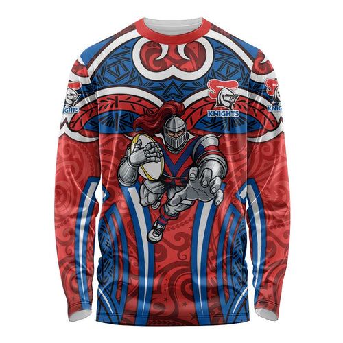 Newcastle Knights Rugby Long Sleeve Shirt Polynesian Tribal Knight Warrior Red Blue Pattern