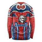 Newcastle Knights Rugby Long Sleeve Shirt Polynesian Tribal Knight Warrior Red Blue Pattern