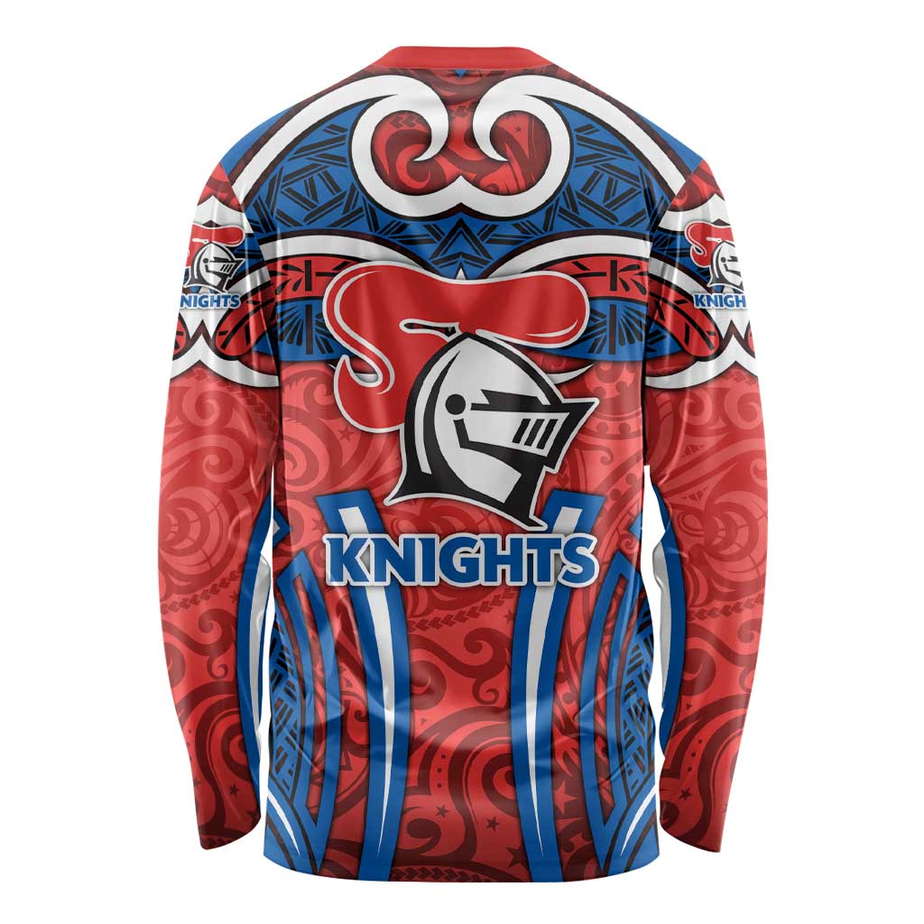 Newcastle Knights Rugby Long Sleeve Shirt Polynesian Tribal Knight Warrior Red Blue Pattern