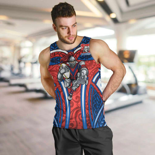 Newcastle Knights Rugby Men Tank Top Polynesian Tribal Knight Warrior Red Blue Pattern