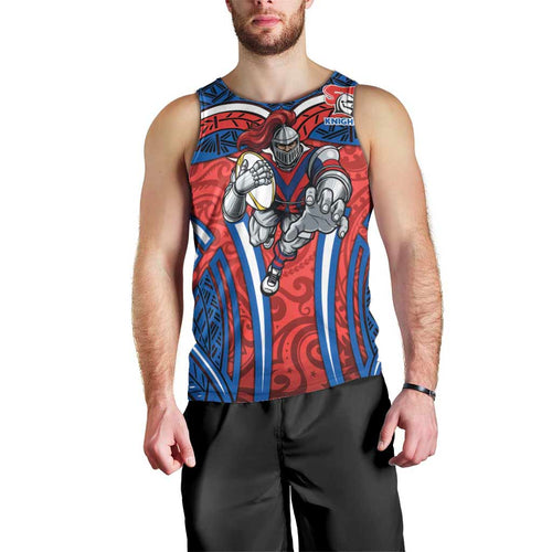 Newcastle Knights Rugby Men Tank Top Polynesian Tribal Knight Warrior Red Blue Pattern