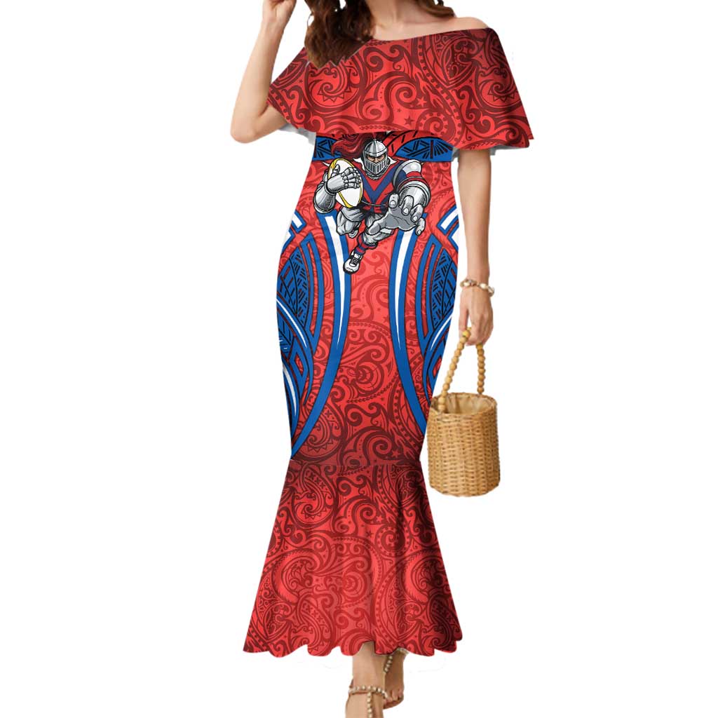 Newcastle Knights Rugby Mermaid Dress Polynesian Tribal Knight Warrior Red Blue Pattern