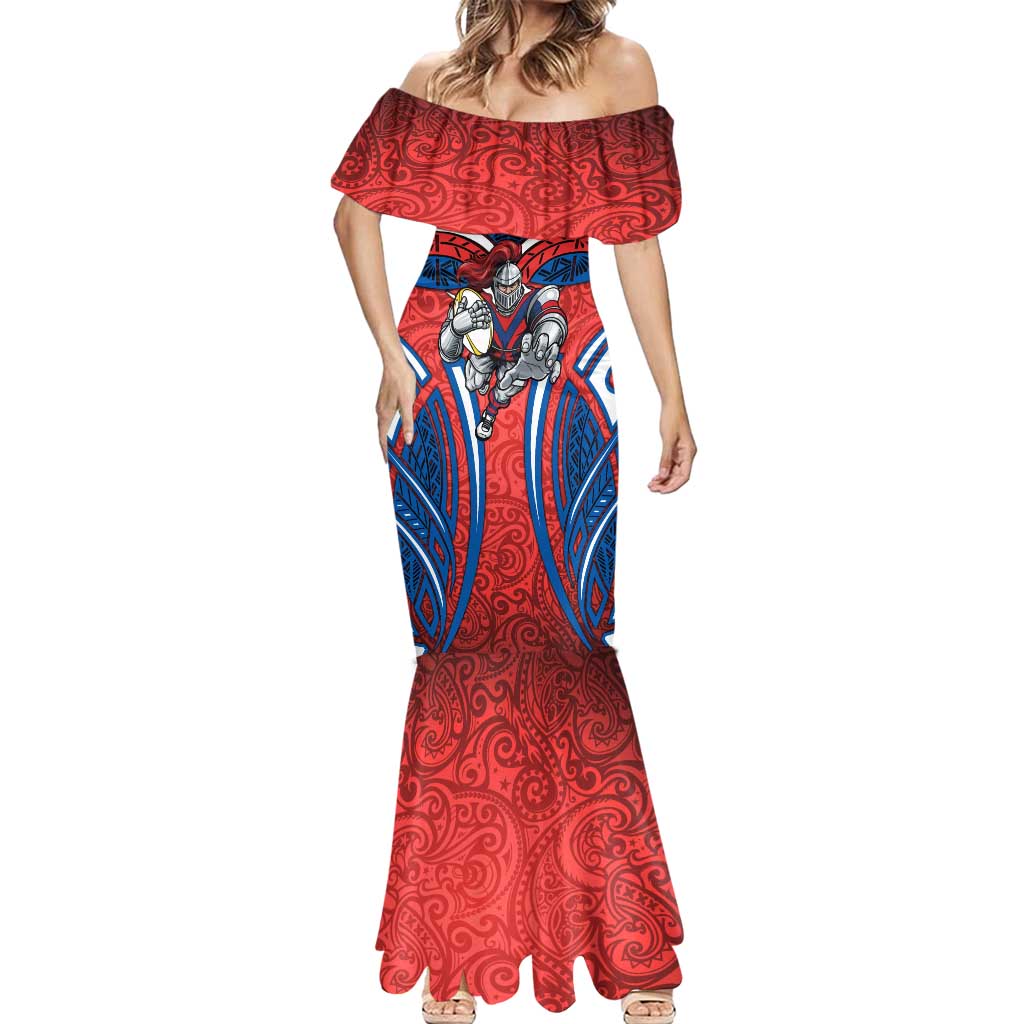 Newcastle Knights Rugby Mermaid Dress Polynesian Tribal Knight Warrior Red Blue Pattern