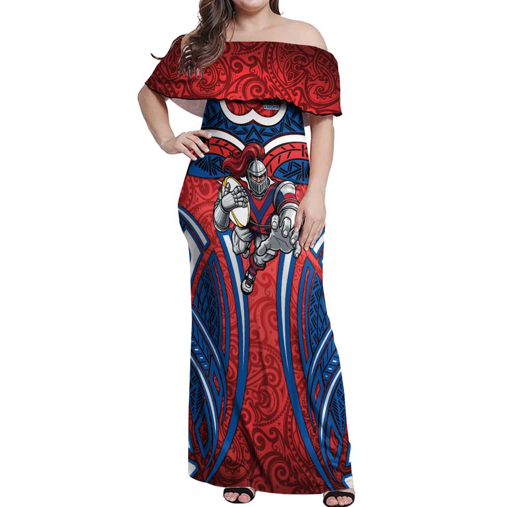 Newcastle Knights Rugby Off Shoulder Maxi Dress Polynesian Tribal Knight Warrior Red Blue Pattern