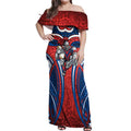 Newcastle Knights Rugby Off Shoulder Maxi Dress Polynesian Tribal Knight Warrior Red Blue Pattern