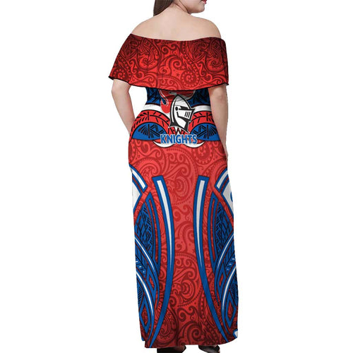 Newcastle Knights Rugby Off Shoulder Maxi Dress Polynesian Tribal Knight Warrior Red Blue Pattern