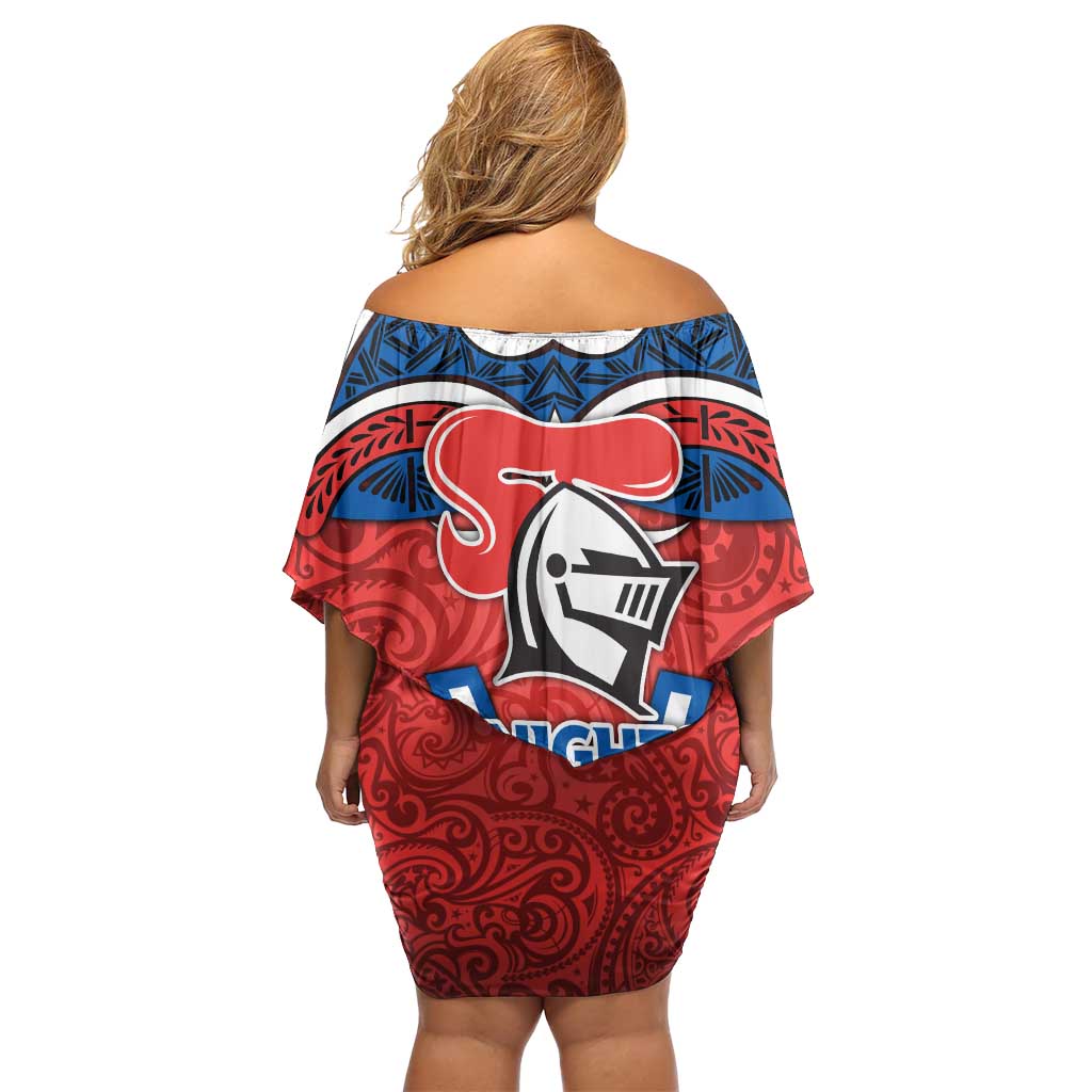 Newcastle Knights Rugby Off Shoulder Short Dress Polynesian Tribal Knight Warrior Red Blue Pattern