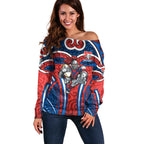 Newcastle Knights Rugby Off Shoulder Sweater Polynesian Tribal Knight Warrior Red Blue Pattern
