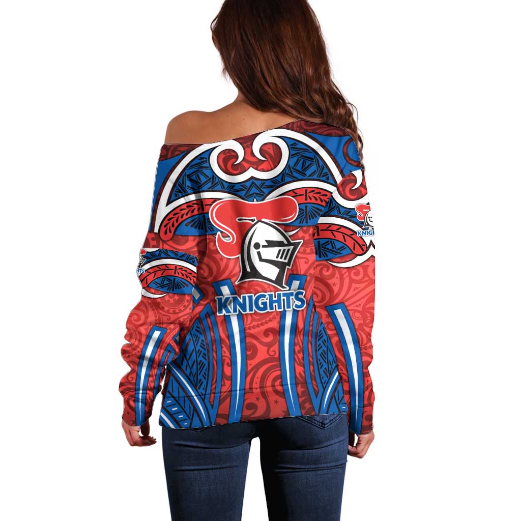 Newcastle Knights Rugby Off Shoulder Sweater Polynesian Tribal Knight Warrior Red Blue Pattern