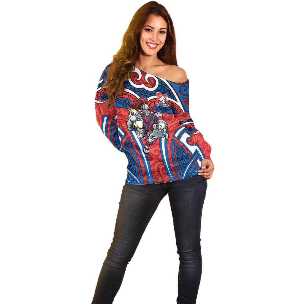 Newcastle Knights Rugby Off Shoulder Sweater Polynesian Tribal Knight Warrior Red Blue Pattern