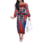 Newcastle Knights Rugby Off The Shoulder Long Sleeve Dress Polynesian Tribal Knight Warrior Red Blue Pattern