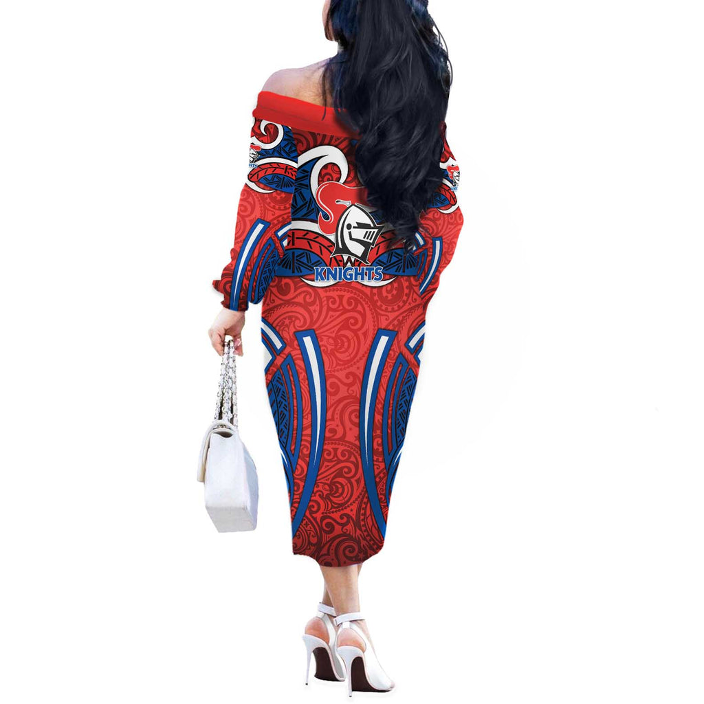 Newcastle Knights Rugby Off The Shoulder Long Sleeve Dress Polynesian Tribal Knight Warrior Red Blue Pattern