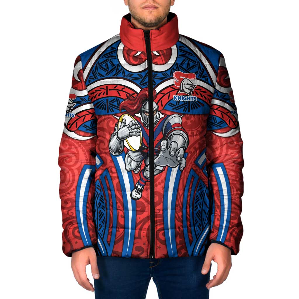 Newcastle Knights Rugby Padded Jacket Polynesian Tribal Knight Warrior Red Blue Pattern