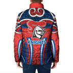 Newcastle Knights Rugby Padded Jacket Polynesian Tribal Knight Warrior Red Blue Pattern