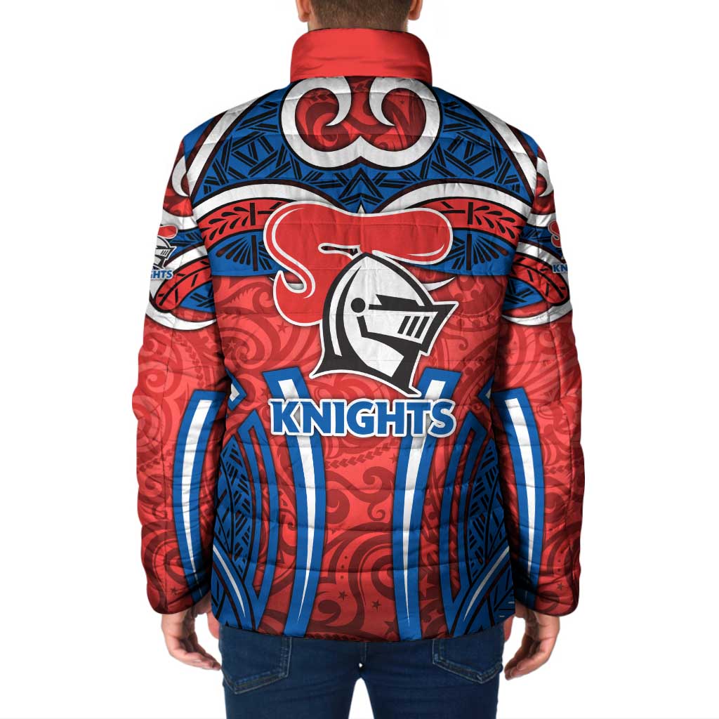 Newcastle Knights Rugby Padded Jacket Polynesian Tribal Knight Warrior Red Blue Pattern