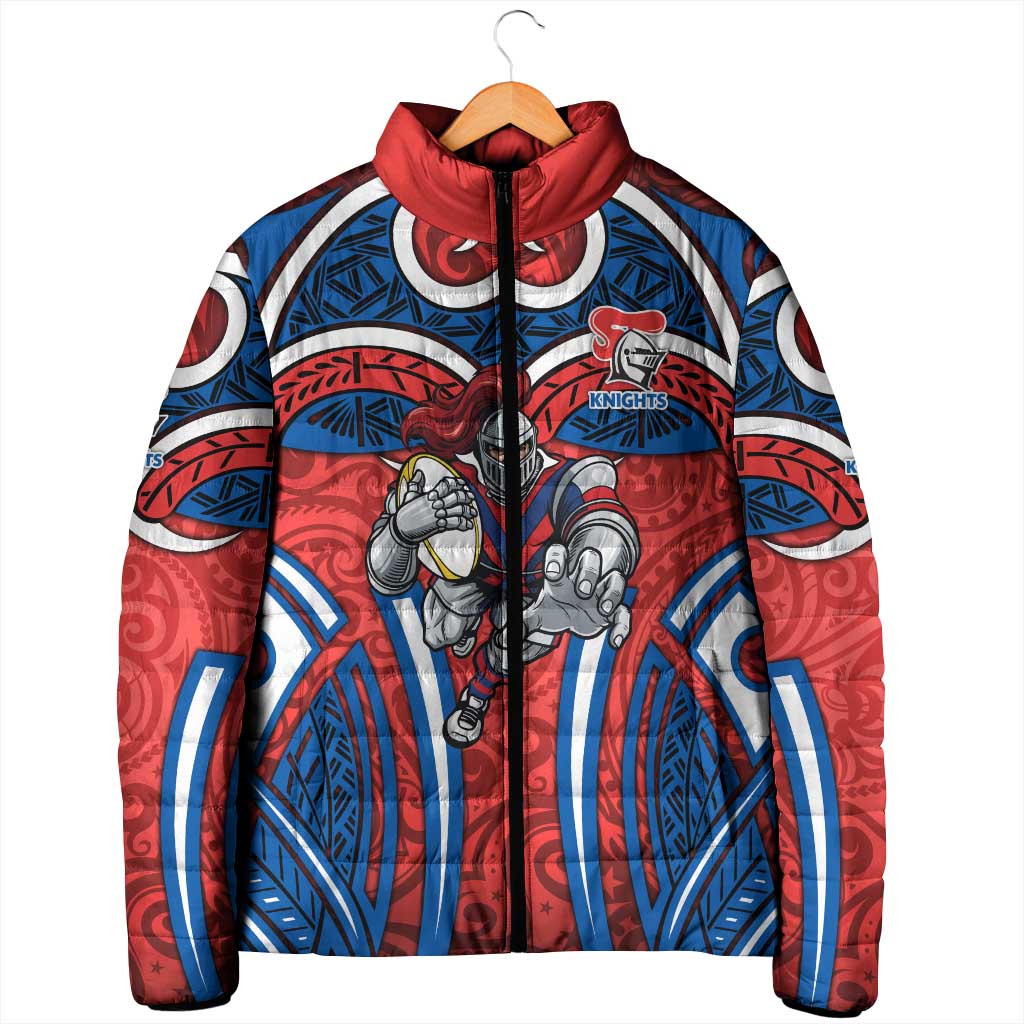 Newcastle Knights Rugby Padded Jacket Polynesian Tribal Knight Warrior Red Blue Pattern