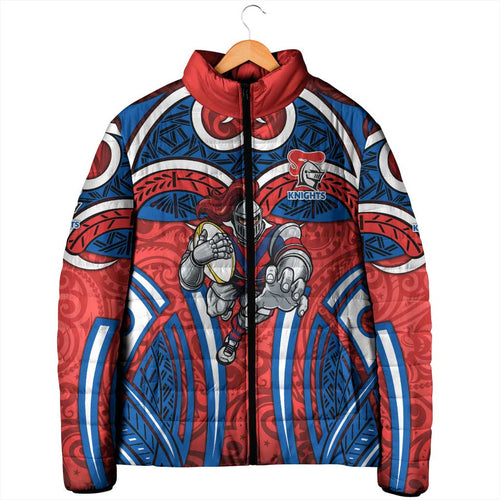 Newcastle Knights Rugby Padded Jacket Polynesian Tribal Knight Warrior Red Blue Pattern