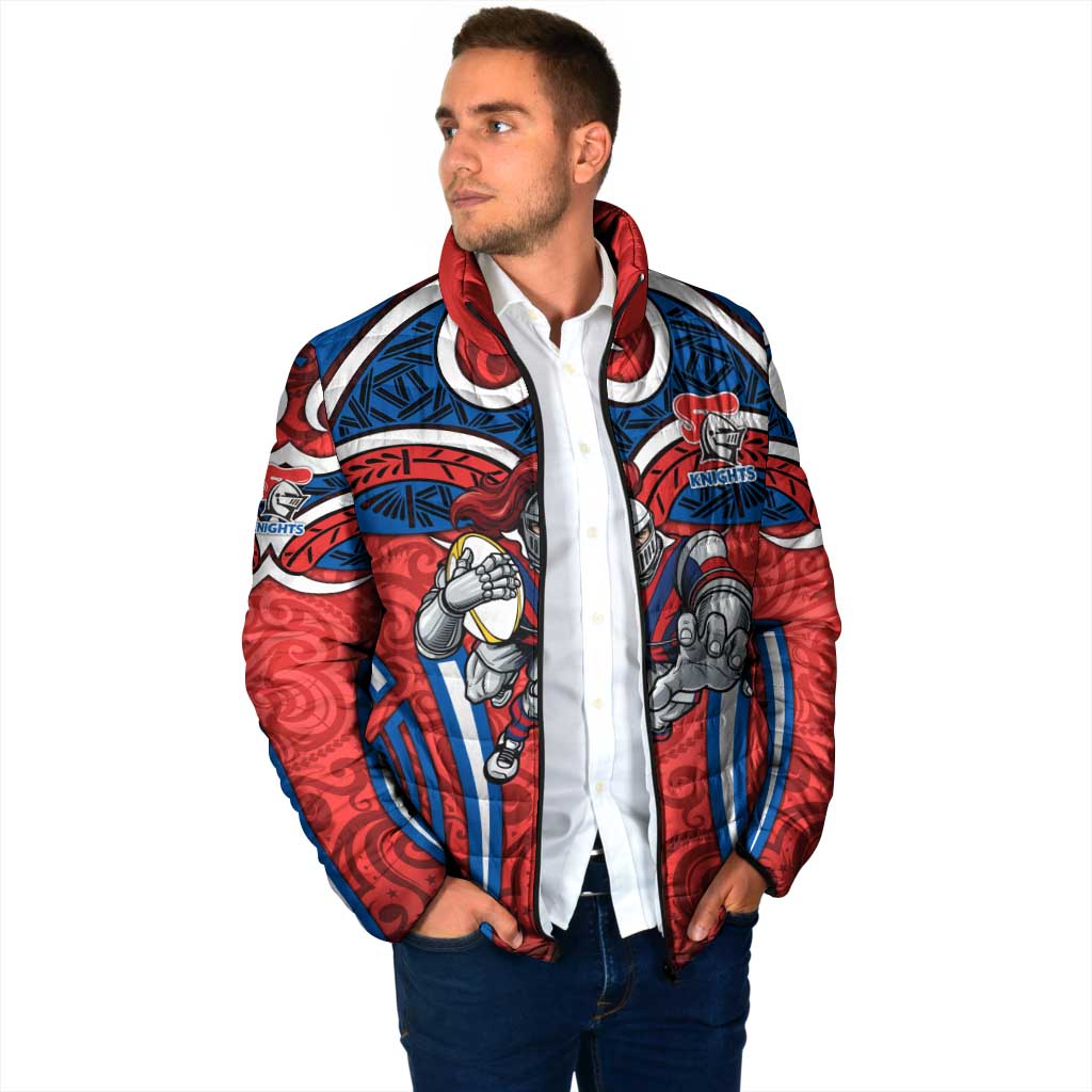 Newcastle Knights Rugby Padded Jacket Polynesian Tribal Knight Warrior Red Blue Pattern