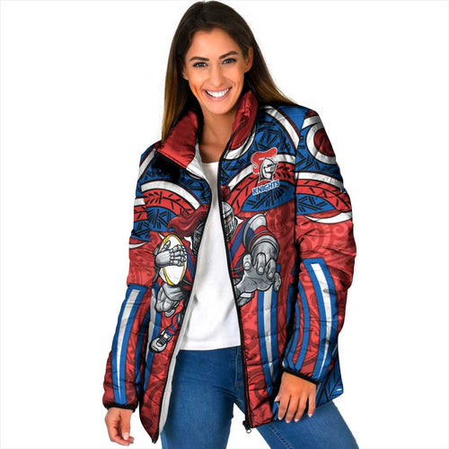 Newcastle Knights Rugby Padded Jacket Polynesian Tribal Knight Warrior Red Blue Pattern