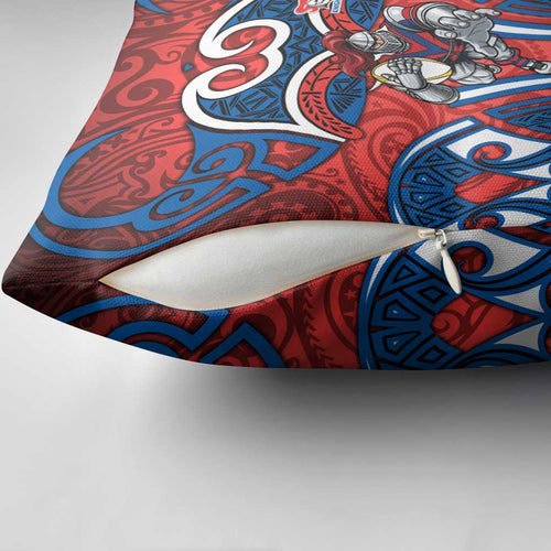 Newcastle Knights Rugby Pillow Cover Polynesian Tribal Knight Warrior Red Blue Pattern