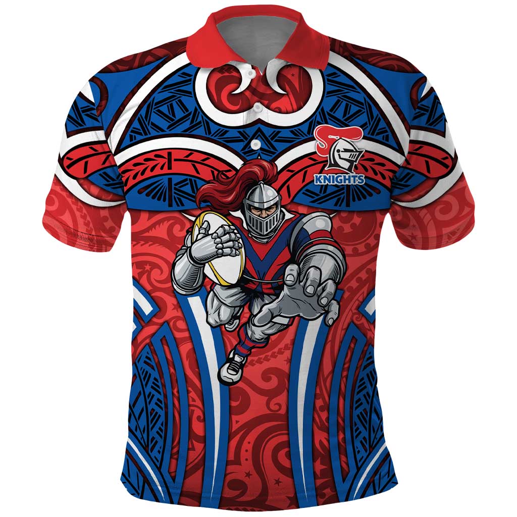 Newcastle Knights Rugby Polo Shirt Polynesian Tribal Knight Warrior Red Blue Pattern
