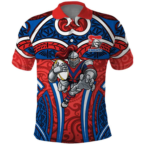 Newcastle Knights Rugby Polo Shirt Polynesian Tribal Knight Warrior Red Blue Pattern