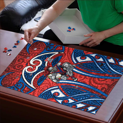 Newcastle Knights Rugby Puzzle Polynesian Tribal Knight Warrior Red Blue Pattern