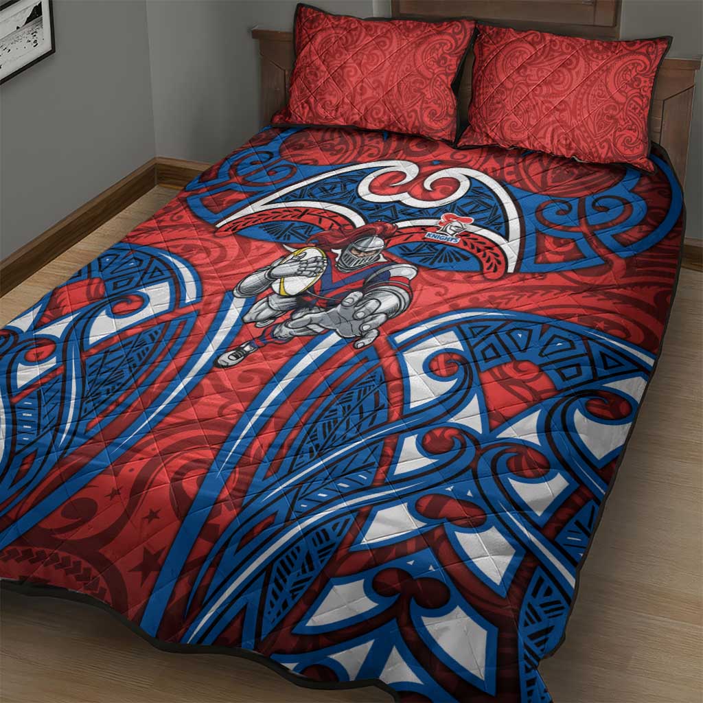 Newcastle Knights Rugby Quilt Bed Set Polynesian Tribal Knight Warrior Red Blue Pattern
