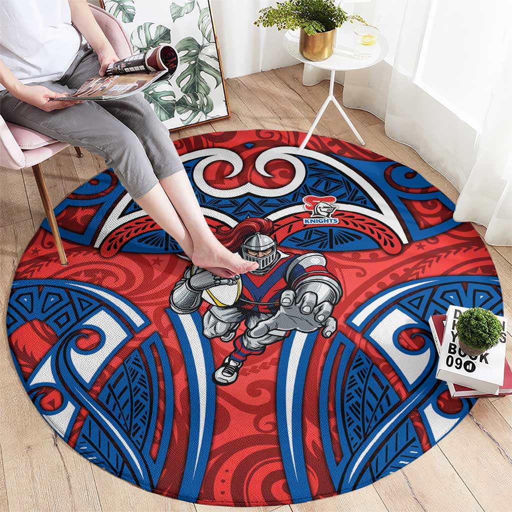 Newcastle Knights Rugby Round Carpet Polynesian Tribal Knight Warrior Red Blue Pattern