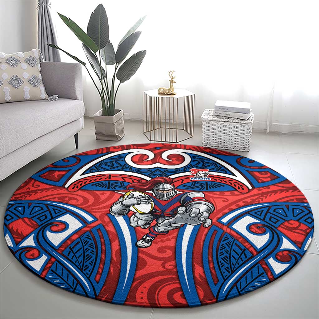 Newcastle Knights Rugby Round Carpet Polynesian Tribal Knight Warrior Red Blue Pattern