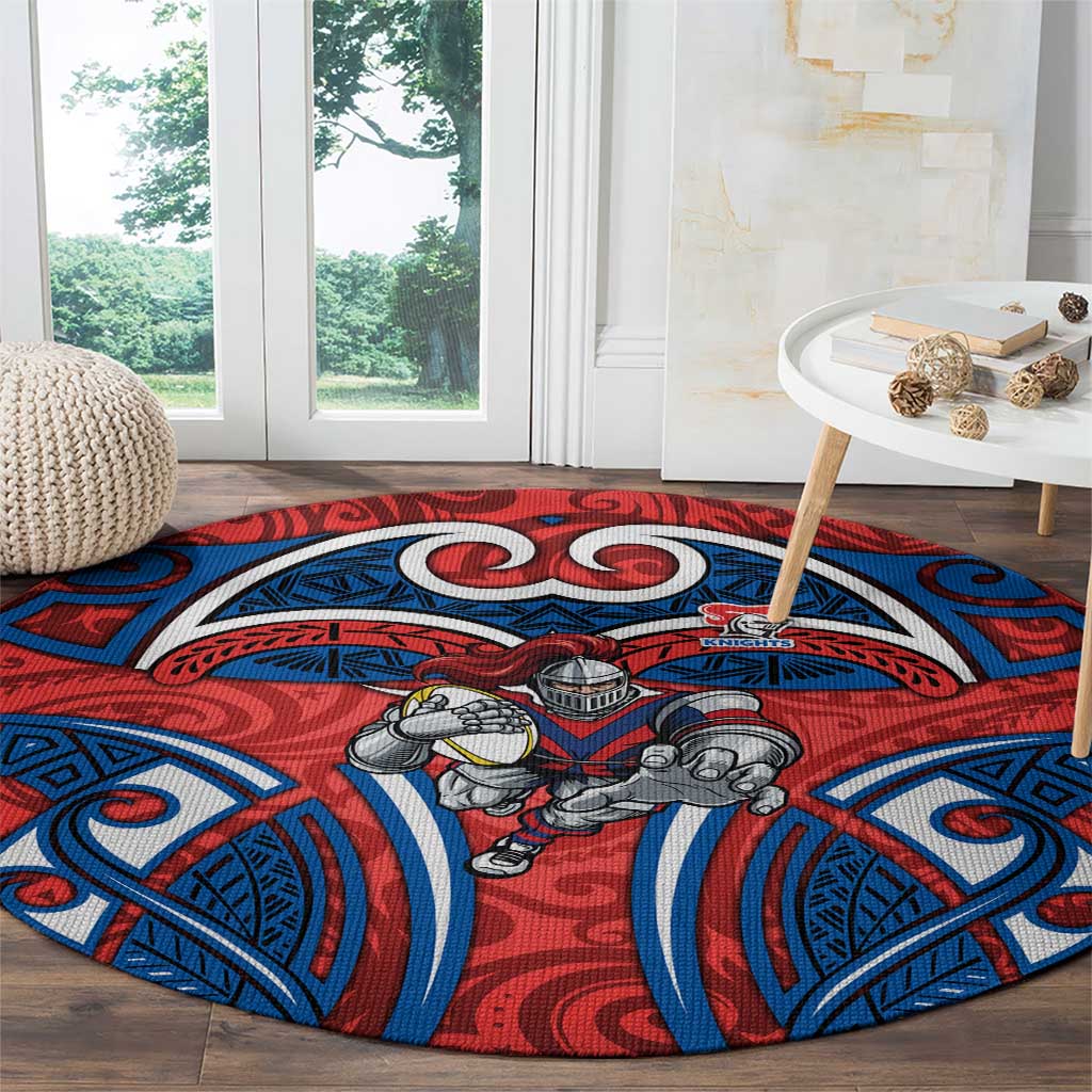 Newcastle Knights Rugby Round Carpet Polynesian Tribal Knight Warrior Red Blue Pattern