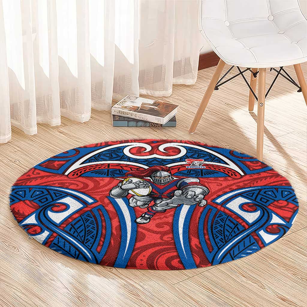 Newcastle Knights Rugby Round Carpet Polynesian Tribal Knight Warrior Red Blue Pattern