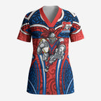 Newcastle Knights Rugby Scrub Top Polynesian Tribal Knight Warrior Red Blue Pattern